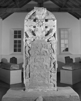 View of face of Meigle no.2 Pictish cross slab on display in Meigle Museum.