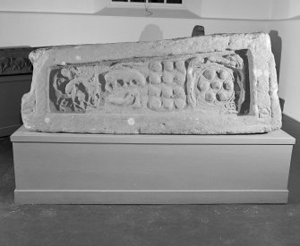 View of back of Meigle no.11 grave slab on display in Meigle Museum.