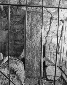 View of cross slabs in railed enclosure, St Nathalan's Kirk, Tulich.