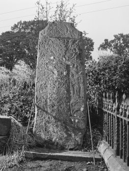 View of face of Pictish cross slab, Kettins churchyard.