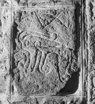 View of Fyvie no.1 Pictish symbol stone built into wall of church.