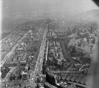 Princes Street Edinburgh, Midlothian, Scotland. Oblique aerial photograph taken facing East. 