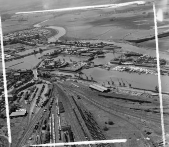 General View of docks Grangemouth, Stirlingshire, Scotland. Oblique aerial photograph taken facing West. This image was marked by AeroPictorial Ltd for photo editing.