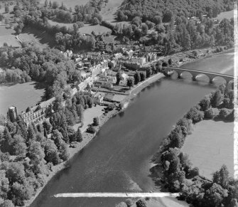Perthshire, Bridge over River Tay and Cathderal Ruins Dunkeld and Dowally, Perthshire, Scotland. Oblique aerial photograph taken facing East. This image was marked by AeroPictorial Ltd for photo editing.