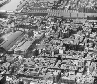 Argyll Street, left, Central Station background Glasgow, Lanarkshire, Scotland. Oblique aerial photograph taken facing West. 