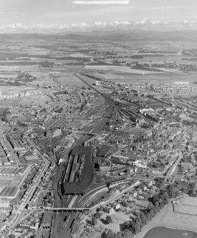 Perth Railway Station Centre Perth, Perthshire, Scotland. Oblique aerial photograph taken facing North/West. 