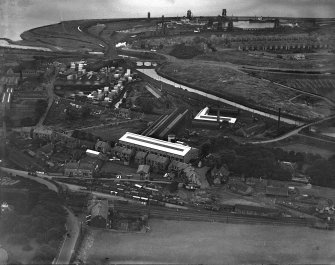 General View, The Enamelled Metal Products Corporation (1933) Ltd, Durie Foundry, Leven, Fife, Scotland. Oblique aerial photograph taken facing South.