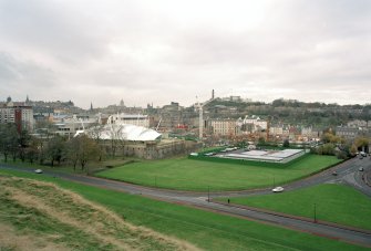 View of Parliament site during construction from Salisbury Crags to South East