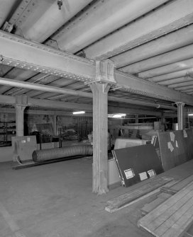 Edinburgh, Leith Walk, Shrub place, Shrubhill Tramway Workshops and Power Station
Interior view from west in basement Storage area, showing cast-iron columns and riveted steel beams supporting reinforced steel-clad ceiling