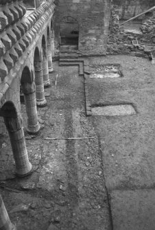 Excavation photograph : N trench fully excavated and early tower house beyond, from W.