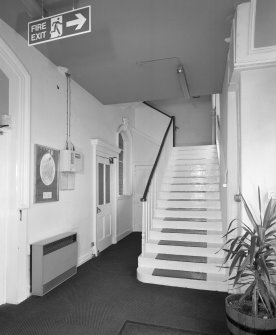 Interior. View of entrance lobby from North East showing original stair to galleries and original entrance to worship space