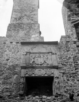 Interior view of fireplace in state room at Huntly Castle.