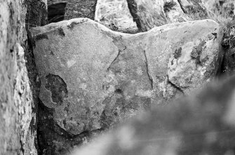 Ardmarnock Chambered Cairn. End slab of chamber from SSW.