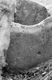 Ardmarnock Chambered Cairn. End slab of chamber from NNE showing cup and partial ring.