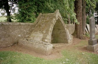 View of medieval grave-monument and coffin