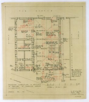 Photographic copy of plan showing partial demolition of housing to form single storey garage facility with fuel pumps and single dwelling.