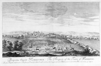 General view of Hamilton.
Photographic copy of engraving by Captain John Slezer.
Copied from Slezer's Theatrum Scotiae. 
Entitled: 'The Prospect of the Town of Hamilton - This plate is most humbly inscribed to Her Grace Dutchess of Hamilton and Brandon etc. sole daughter and heiress to Digby Lord Gerrards Bromley in the County of Stafford.'