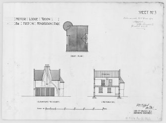 Photographic copy of drawing showing plan, elevation and section of house for Fred N Henderson.