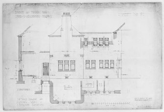 Photographic copy of drawing showing plan, elevation and section of kitchen wing for house for Fred N Henderson.