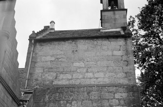 Kilbirnie Parish Church.  Detail of top of tower from North.