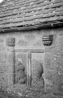 Balbegno Castle. Detail of carved panel on North side of tower