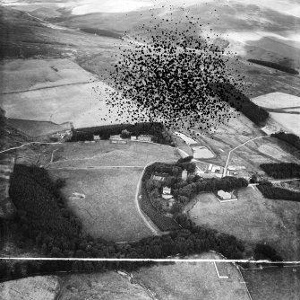 Cranshaws Castle and grounds,  Berwickshire,  Scotland, 1948. Oblique aerial photograph taken facing north. This image has been produced from a damaged and crop marked negative.