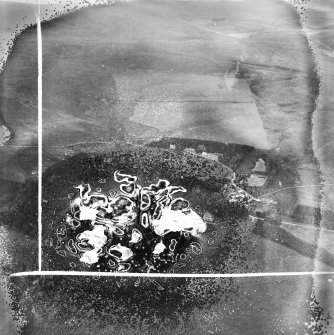 Cranshaws Castle and grounds,  Berwickshire,  Scotland, 1948. Oblique aerial photograph taken facing north. This image has been produced from a damaged and crop marked negative.