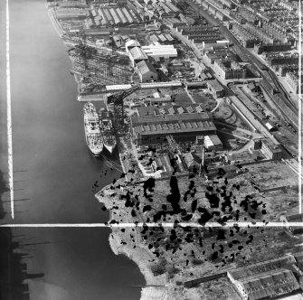 Barclay, Curle and Co, Ltd, north British Diesel Engine Works,  Whiteinch, Govan, Lanarkshire, Scotland, 1950. Oblique aerial photograph taken facing north-west.  This image has been produced from a damaged and crop marked negative.