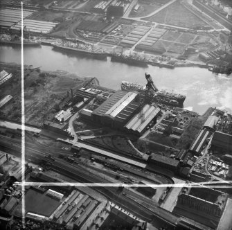 Barclay, Curle and Co, Ltd, north British Diesel Engine Works,  Whiteinch, Govan, Lanarkshire, Scotland, 1950. Oblique aerial photograph taken facing south.  This image has been produced from a crop marked negative.