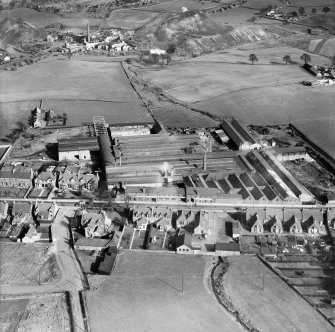 Cruikshank and Co, Ltd, Denny Iron Works, Mydub, Denny, Stirlingshire, Scotland, 1950. Oblique aerial photograph taken facing east.  This image has been produced from a crop marked negative.