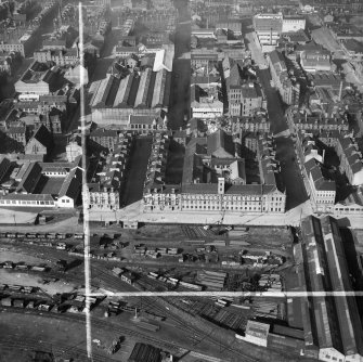 Glasgow, general view, showing Arbuckle, Smith and Co, Bonded Warehouse, Stanley Street and Kinning Park Goods Station,   Pollokshields, Govan, Lanarkshire, Scotland, 1950. Oblique aerial photograph taken facing north.  This image has been produced from a crop marked negative.