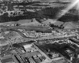 Robinson Dunn and Co. Ltd. Temple Saw Mills and Dawsholm Park, New Kilpatrick, Dunbartonshire, Scotland, 1930.  Oblique aerial photograph taken facing north-east. This image has been produced from a damaged negative.