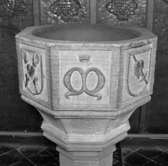Font from Kinkell Old Parish Church now in St John's Episcopal Church, Aberdeen.
Detail of panel displaying the initial M, surmounted by a crown.