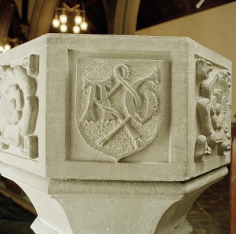 Font from Kinkell Old Parish Church now in St John's Episcopal Church, Aberdeen.
Detail of panel bearing a shield charged with the linked initials A G, for Alexander Galloway.