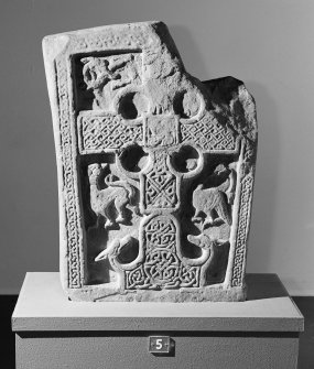 View of face of Meigle no.5 Pictish cross slab on display in Meigle Museum.