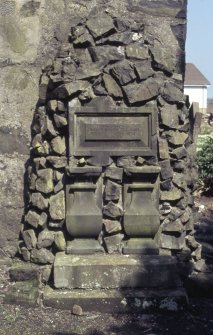 View of mural monument to John Pindar the poet, died 1905 aged 70, Auchterderran Parish Churchyard.