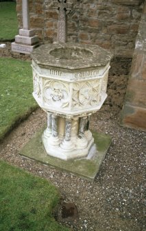 View of baptismal font used as tomb to Mary MacGregeor 1888, Elie Parish Churchyard.

