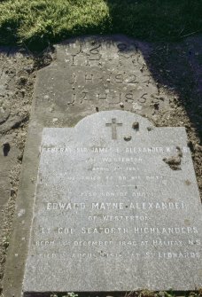 View of gravestone to General Sir James Alexander of Westerton d. 1885 and his son Edward Mayne Alexander, Lt Col Seaforth Highlanders d.1916 at St Leonards, and below a gravestone with inititals J H 1822 and J A H 1858, possibly in Logie Parish Churchyard.
