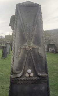 View of reverse side of obelisk to Allan Robertson showing crossed clubs and balls, St Andrew's Cathedral graveyard.