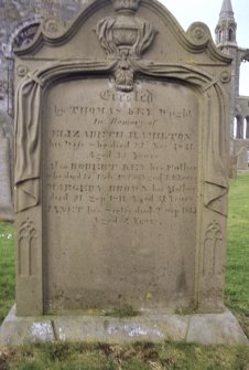 View of headstone erected by Thomas Key, wright, in memory of his wife Elizabeth Hamilton d.1841, his father Robert Key d.1823, his mother Margery Brown d.1811 and his sister Janet d.1813, St Andrew's Cathedral graveyard.