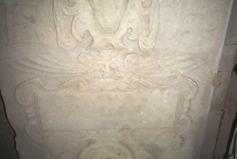 Detail of graveslab with carving of Green Man, St Andrew's Cathedral museum.