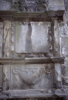 View of the mural monument to William Preston d. 1657, showing skeleton in hammock, St Andrew's Cathedral Burial Ground.