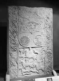 View of face of Hilton of Cadboll Pictish cross slab. Photographed at the National Museums of Scotland. 
