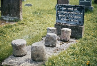 View of the grave of Seath Mor Sgorfhiachlach ' victor in the Combat at Perth 1398' with the 5 'Homing Stones', Rothiemurchus Old Parish Church burial ground.