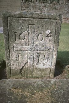 Detail of graveslab with cross and dated 1604, Dunbar  Parish Churchyard.