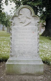 View of memorial stone to Johnnie Bowers, Town Crier d. 1878, North Berwick Old Parish Churchyard.