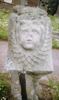 Side view of headstone showing carved head, Stenton Old Parish Church Burial Ground.