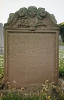 View of  headstone to Patrick Logan d. 1742, Stenton Old Parish Church Burial Ground.