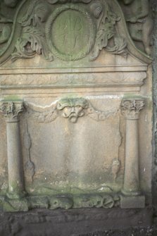 Detail of mural monument with Green Man carving, Tranent Parish Church Burial Ground.