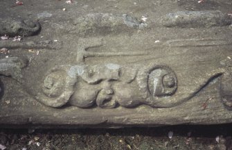 Detail of tablestone showing Green Man, Tranent Parish Church Burial Ground.